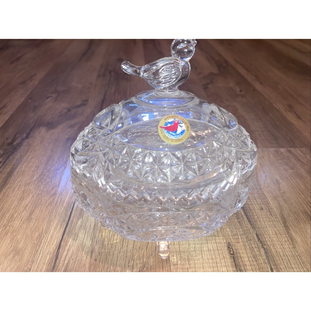 Hofbauer‎ Byrdes Crystal Covered Candy Dish Compote Footed Bird Pattern Germany